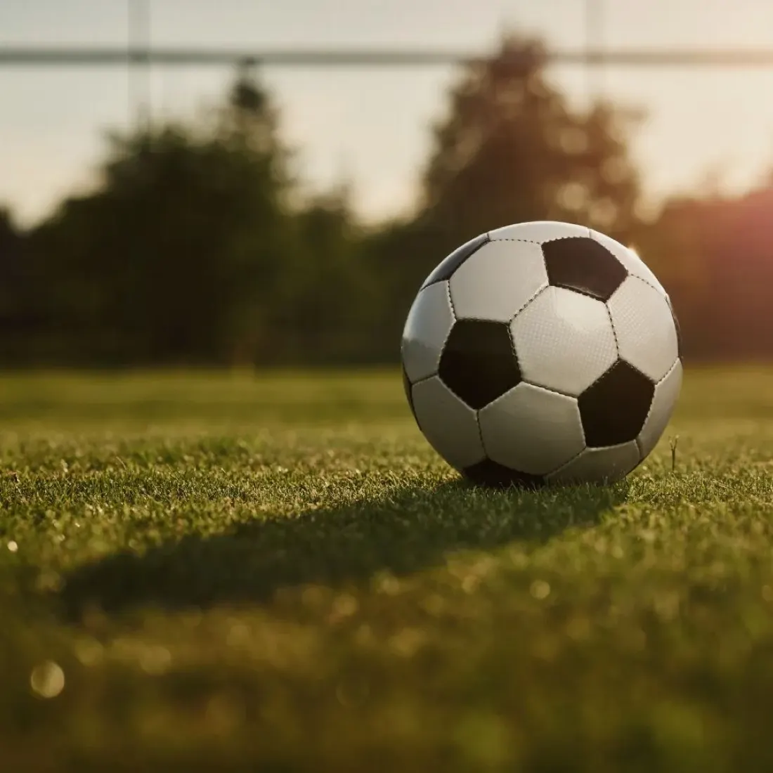 Pallone da calcio sul campo al tramonto