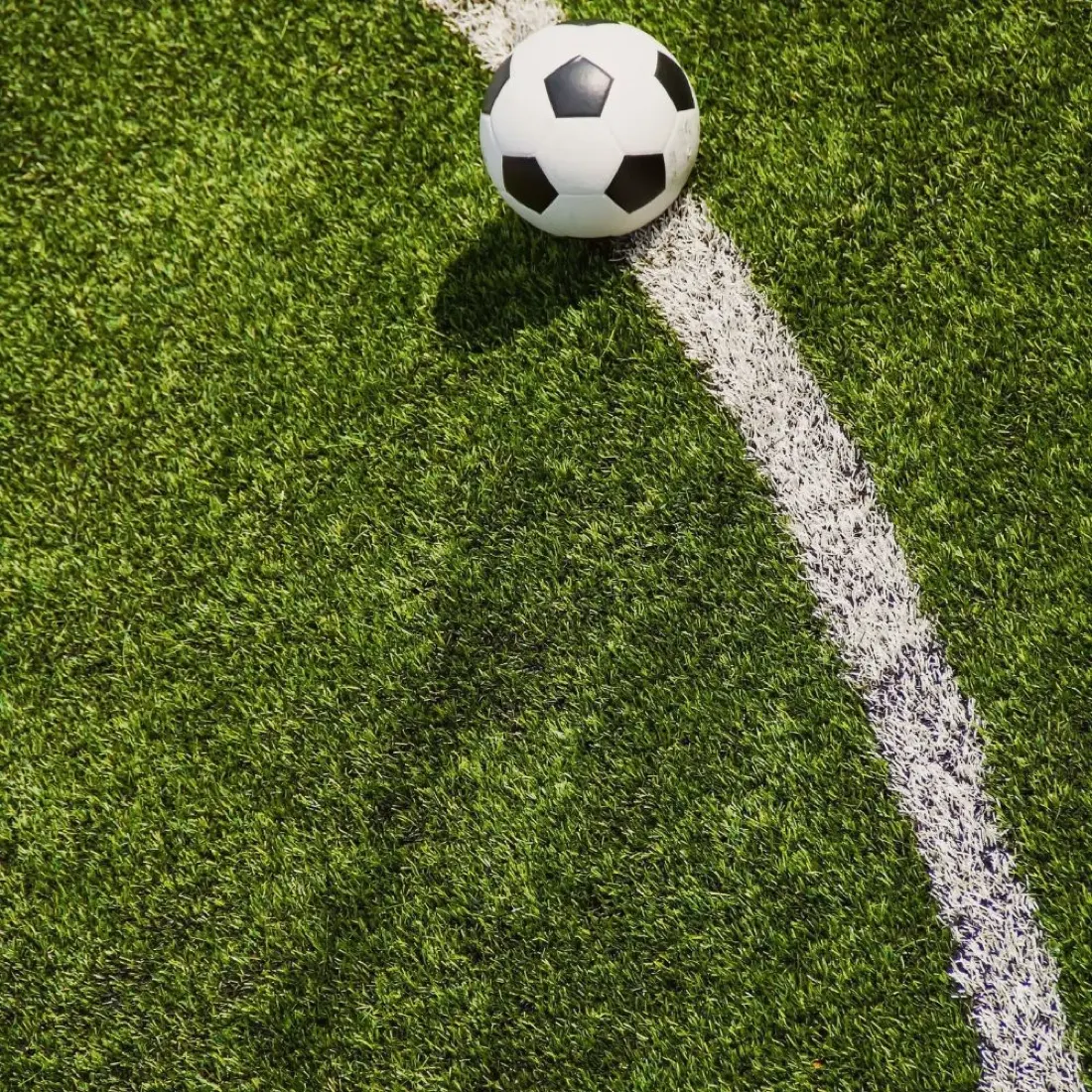 Pallone da calcio sulla linea del campo visto dall'alto